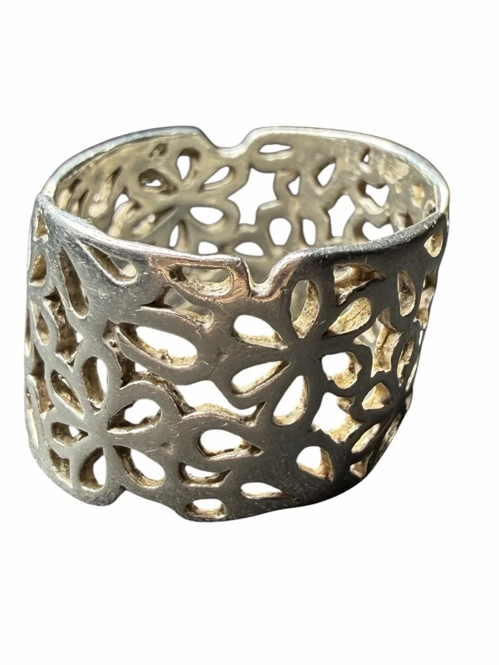 Sterling Silver Floral Cutout Wide Band Ring - Size 10